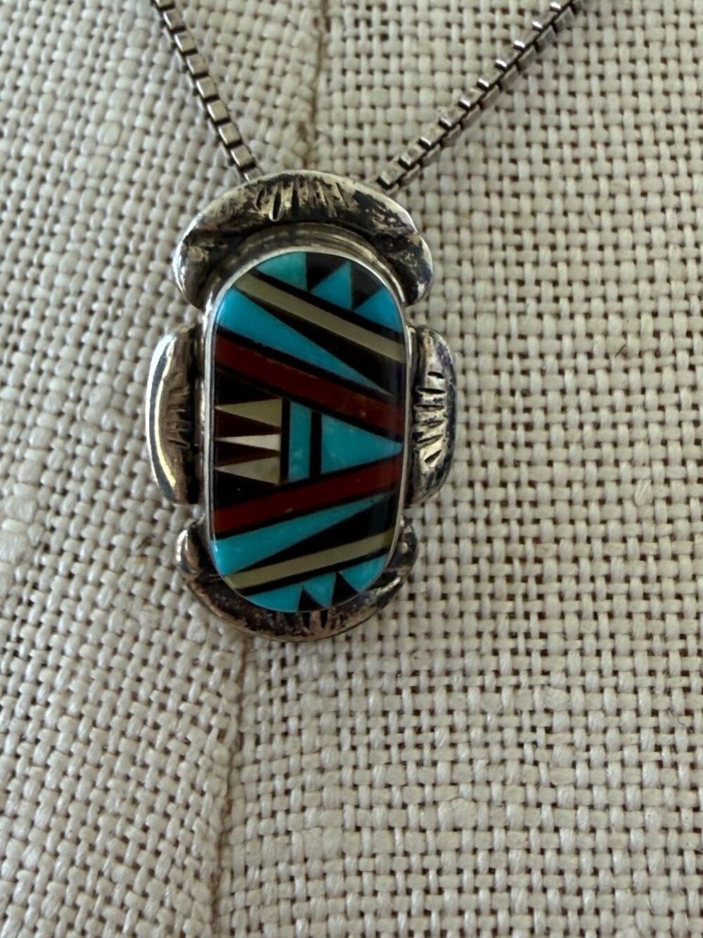 Vintage 70s Zuni Inlaid Gemstone Pendant Necklace Sterling Silver - Picture 7 of 16